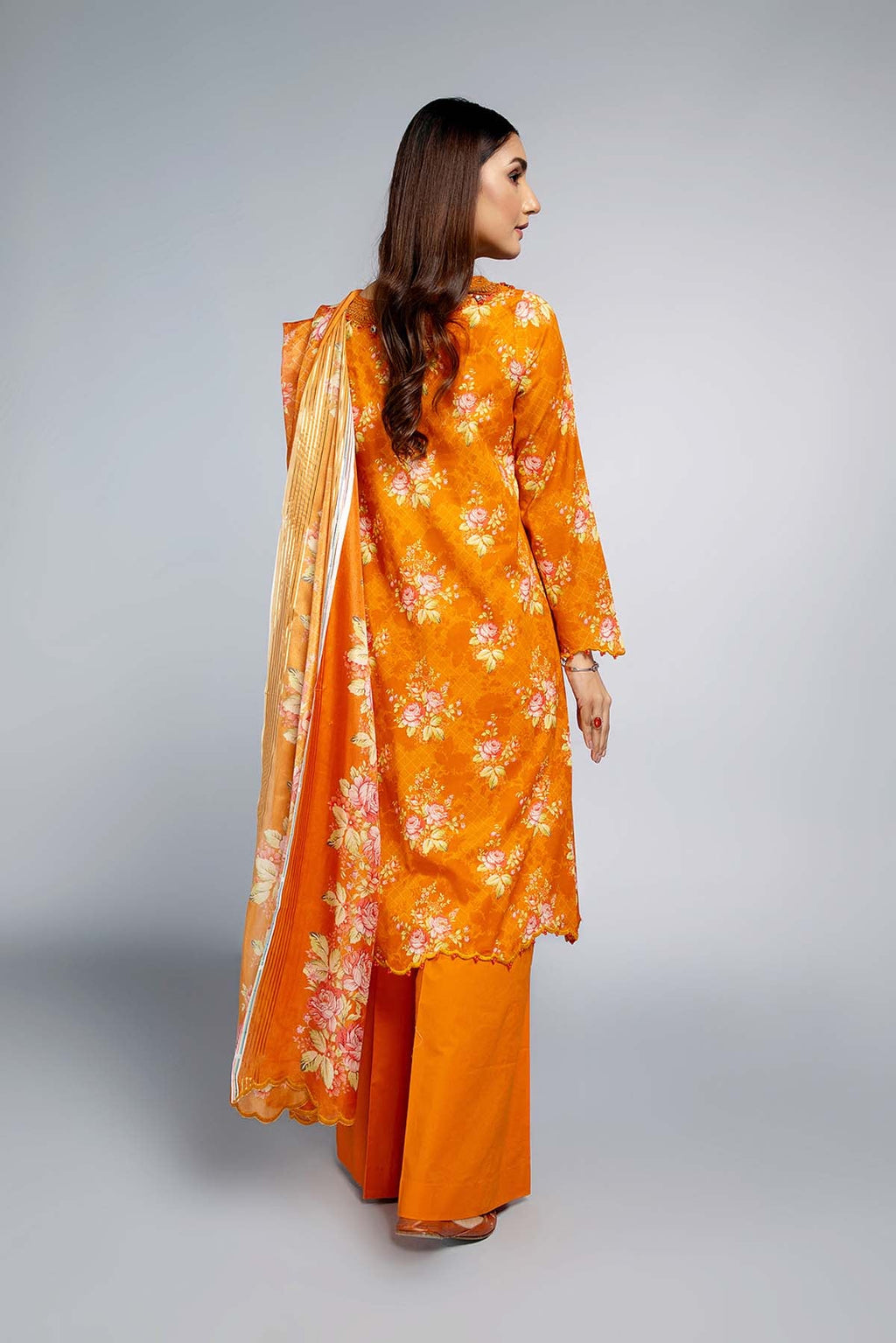 Printed & Embroidered Orange Lawn 3-Piece Unstitched Suit by The Fabric Store, photo 2