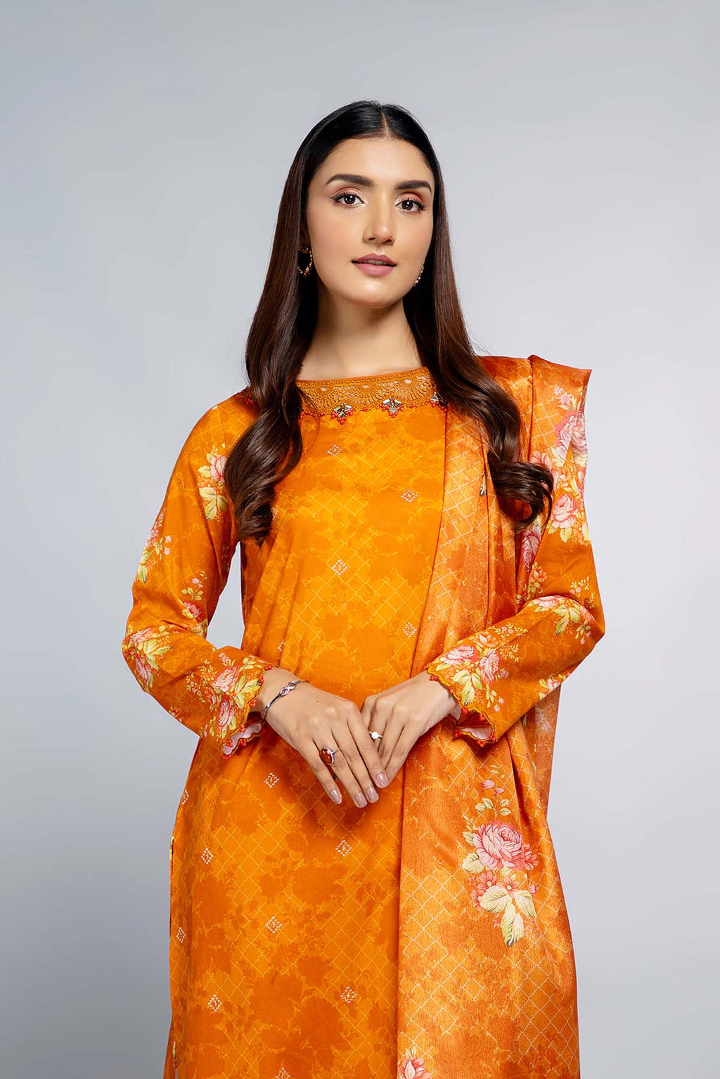Printed & Embroidered Orange Lawn 3-Piece Unstitched Suit by The Fabric Store, photo 3