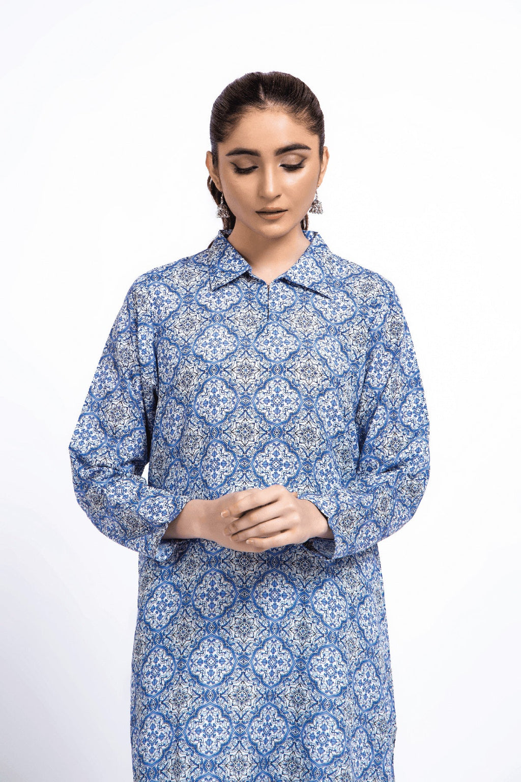 Printed Blue Lawn Pret Shirt by The Fabric Store, photo 4