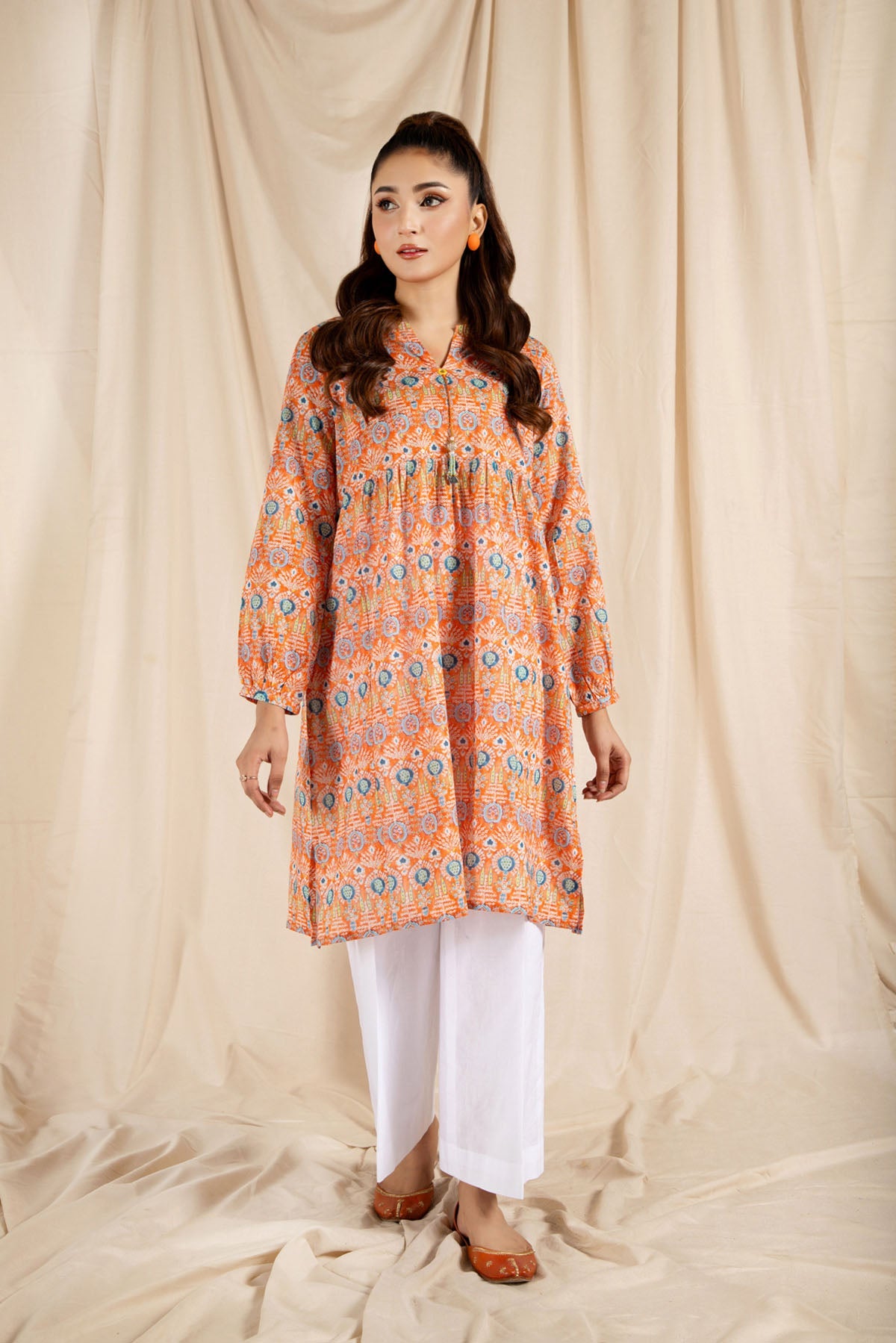 Printed Orange Lawn Pret Shirt by The Fabric Store