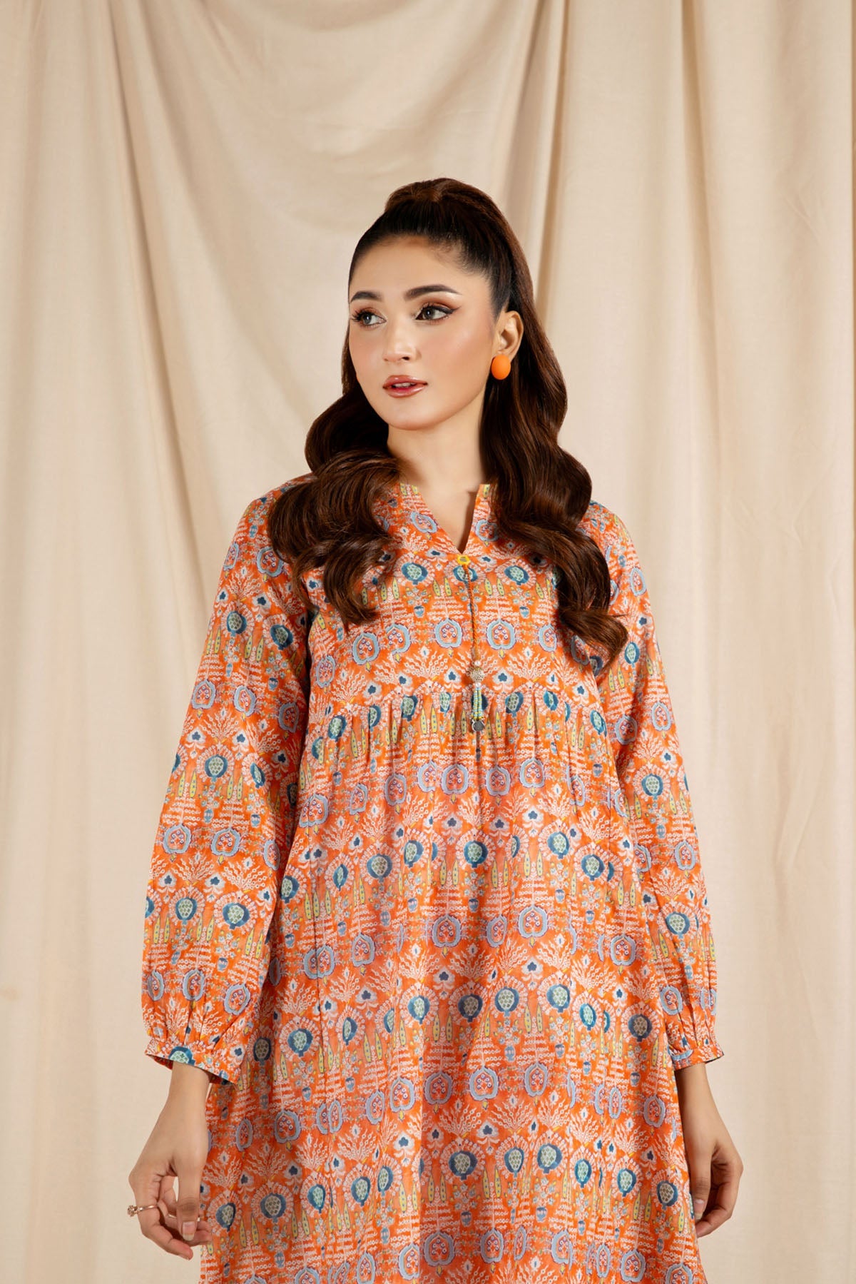 Printed Orange Lawn Pret Shirt by The Fabric Store, photo 4