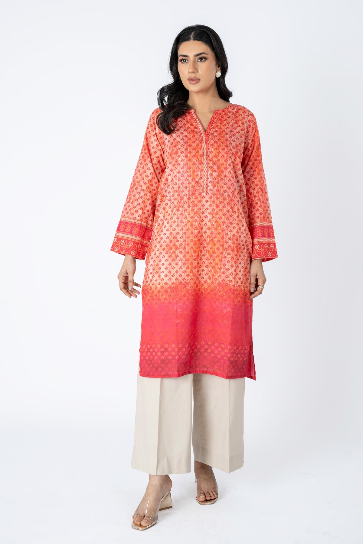 Printed Orange Lawn Pret Shirt by The Fabric Store