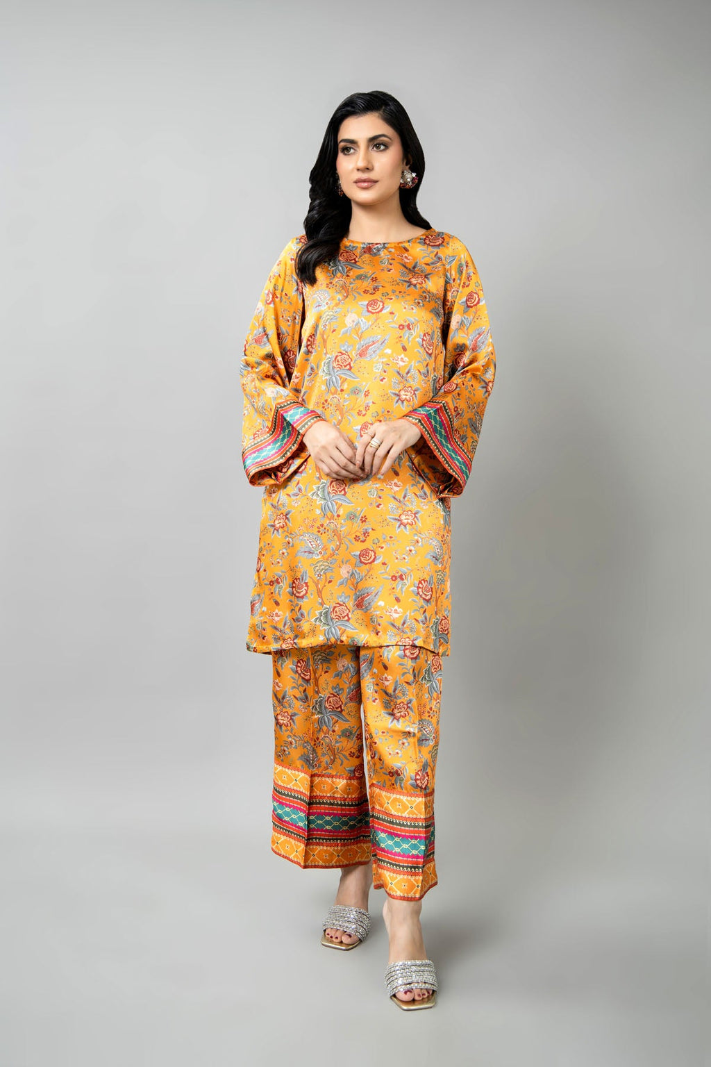 Printed Mustard Shamoz Silk 2-Piece Pret Suit by The Fabric Store