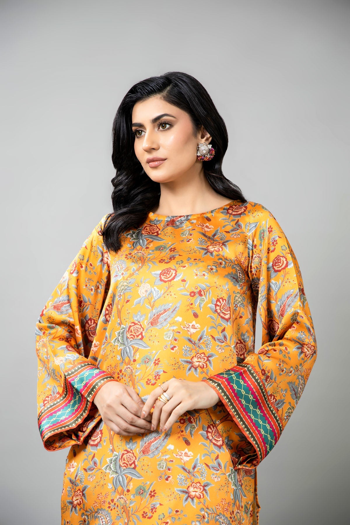 Printed Mustard Shamoz Silk 2-Piece Pret Suit by The Fabric Store, photo 4