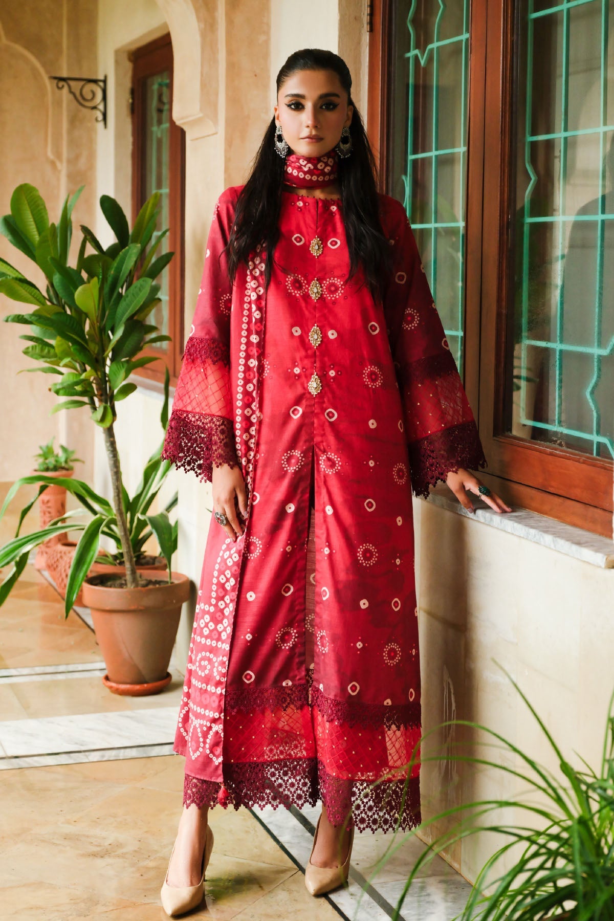 Printed Red Slub Khaddar 3-Piece Unstitched Suit by The Fabric Store