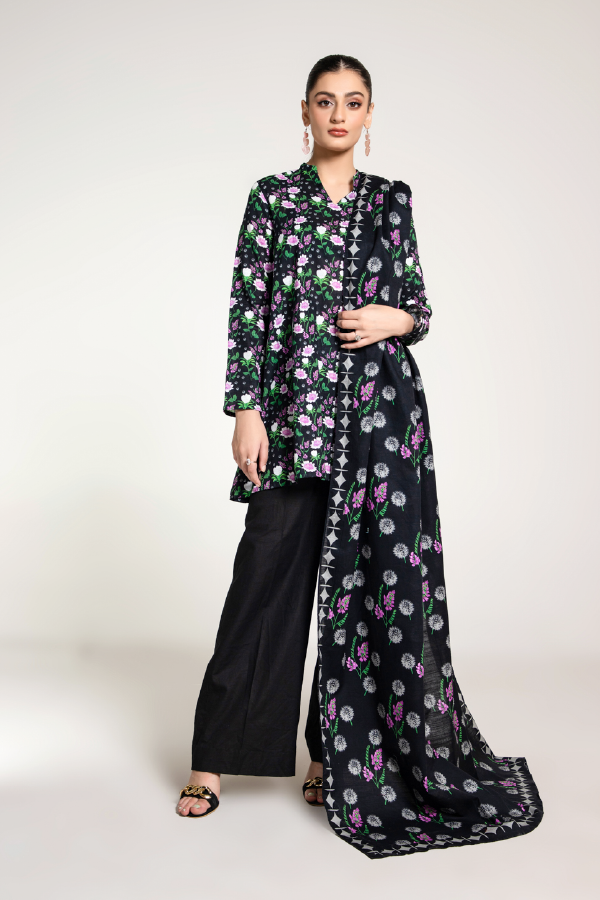 Printed Black Slub Khaddar 3-Piece Pret Suit by The Fabric Store