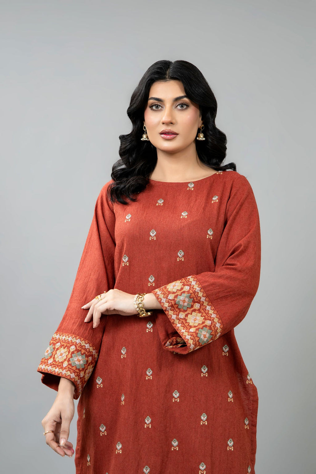 Embroidered Rust Cotton Karandi 2-Piece Pret Suit by The Fabric Store, photo 2