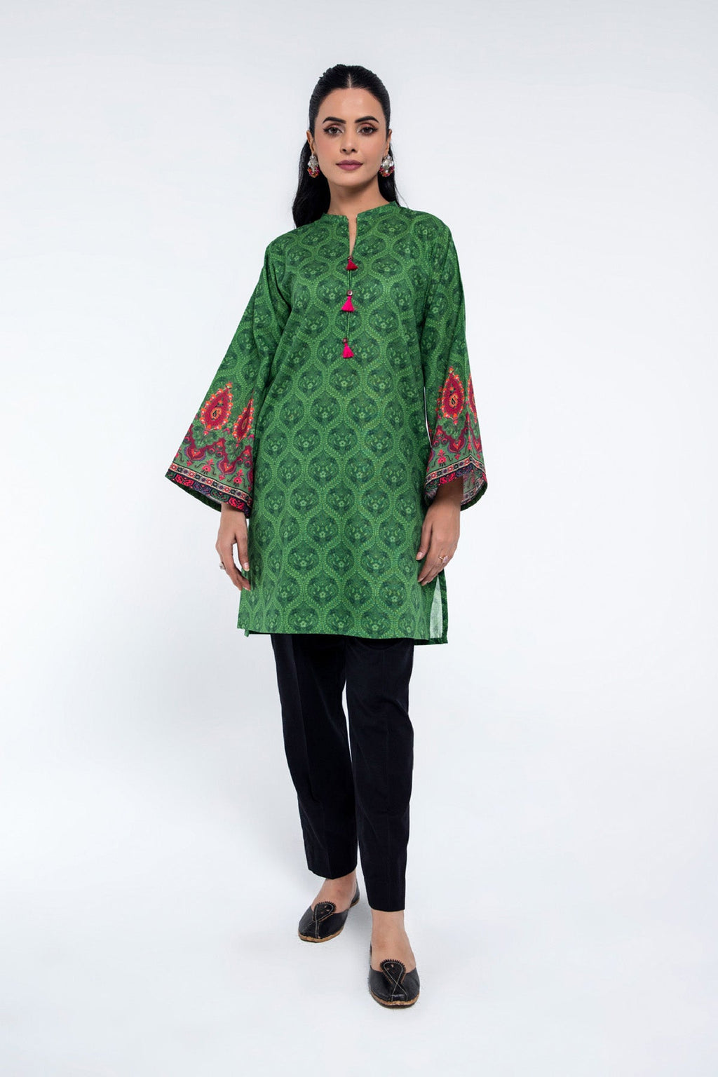 Printed D Green Slub Khaddar Pret Shirt by The Fabric Store