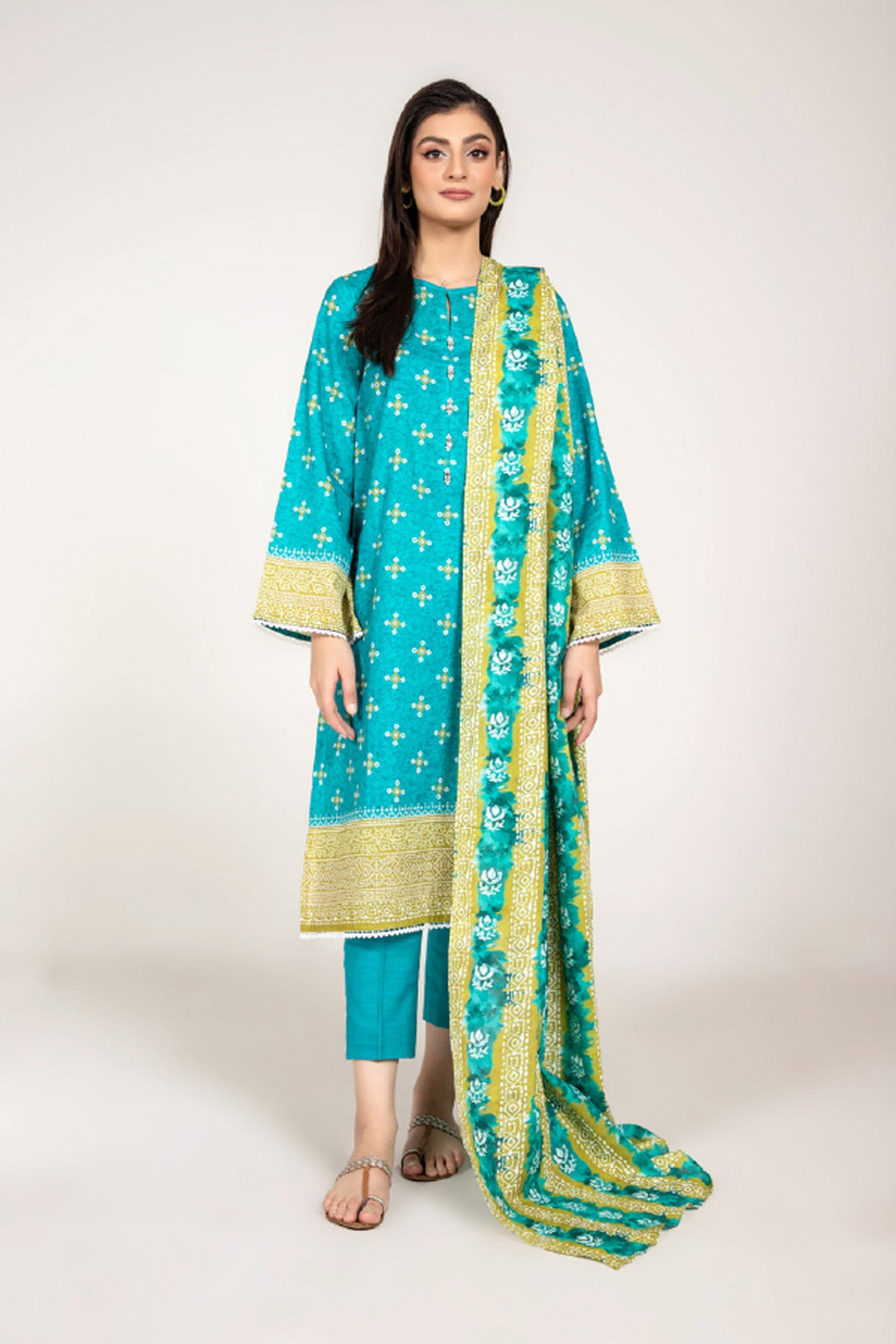 Printed Ferozi Slub Khaddar 3-Piece Unstitched Suit by The Fabric Store