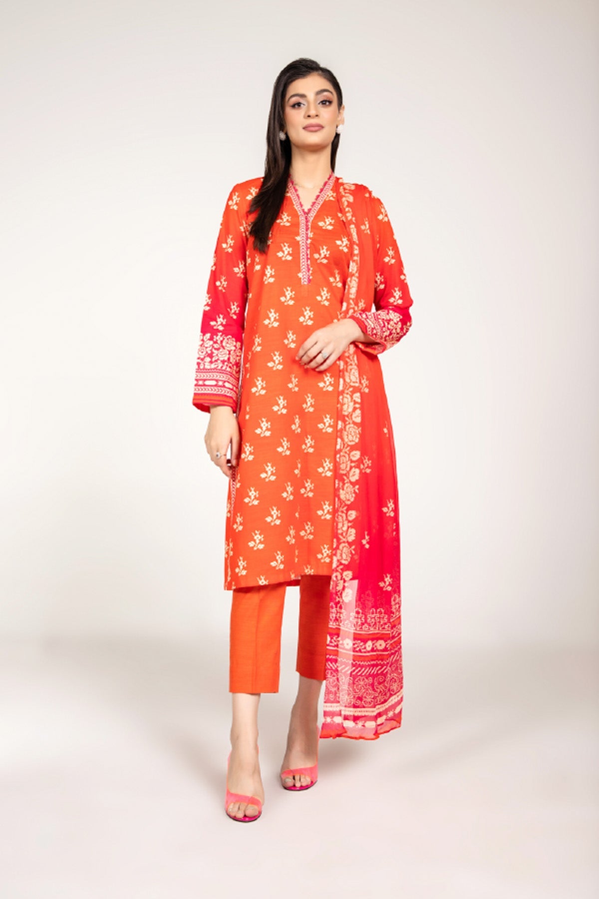 Printed Oranage Slub Khaddar 3-Piece Unstitched Suit by The Fabric Store