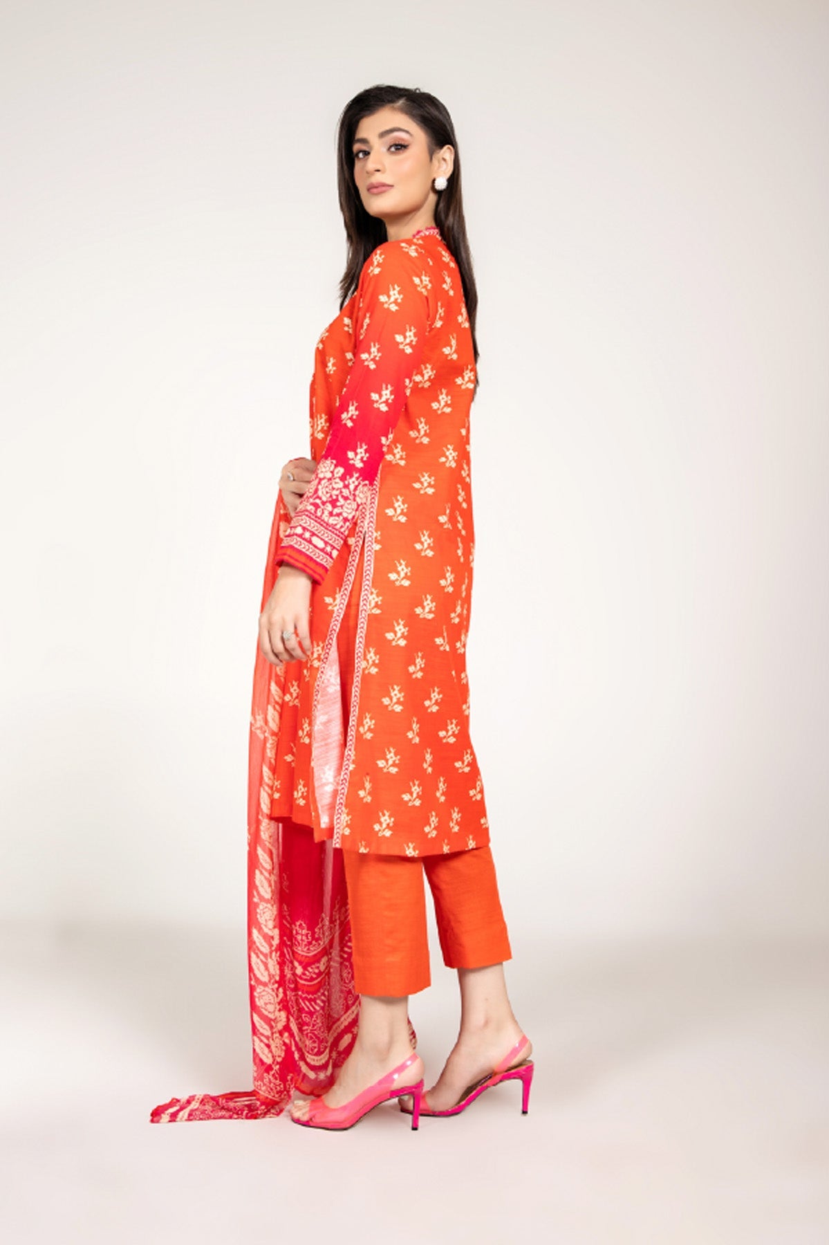 Printed Oranage Slub Khaddar 3-Piece Unstitched Suit by The Fabric Store, photo 2