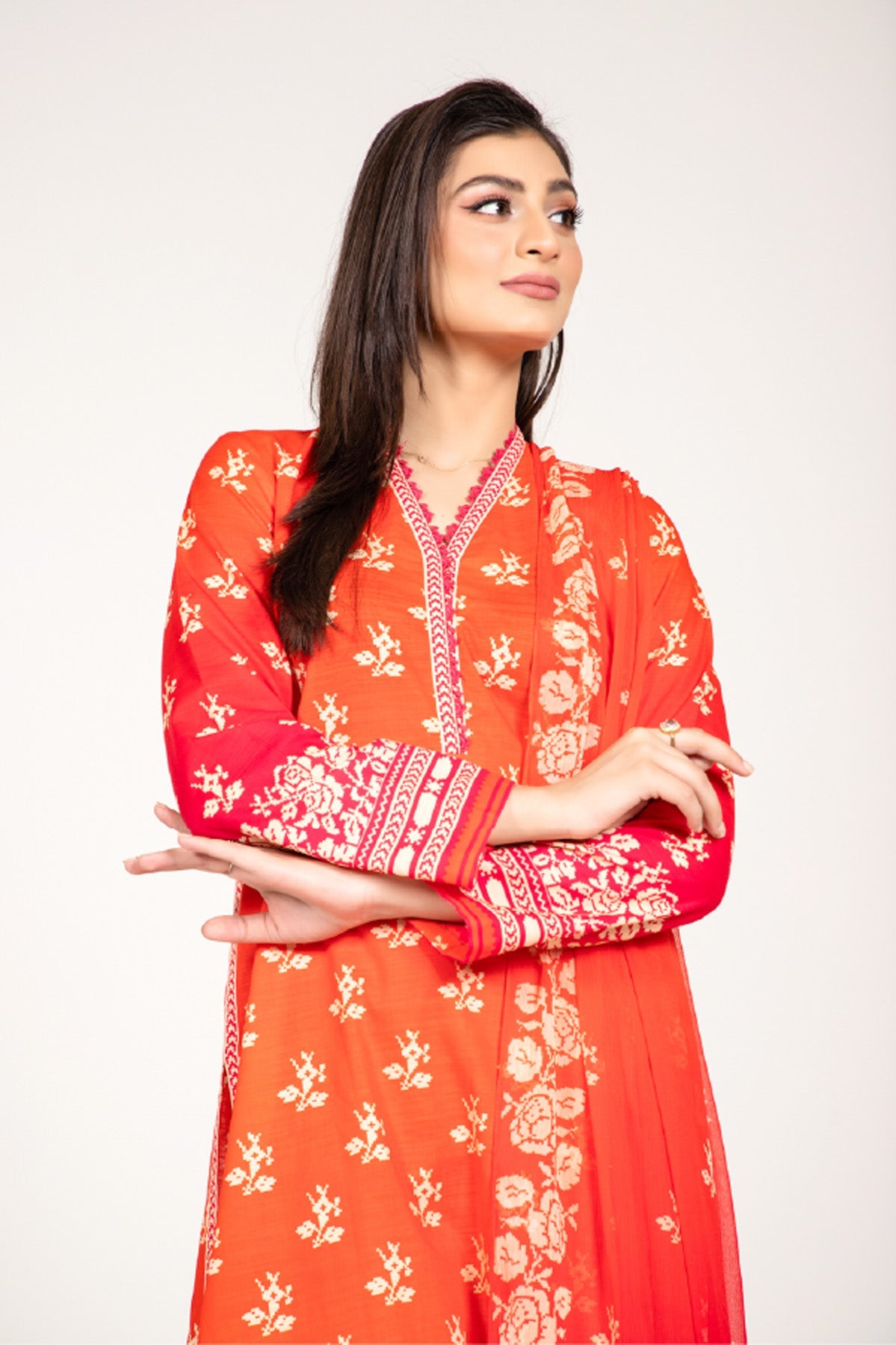 Printed Oranage Slub Khaddar 3-Piece Unstitched Suit by The Fabric Store, photo 4