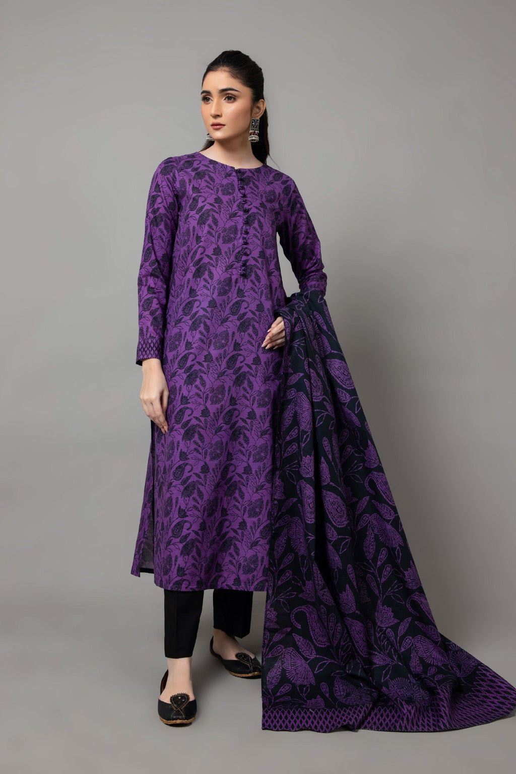 Printed Purple Slub Khaddar 2-Piece Unstitched Suit by The Fabric Store