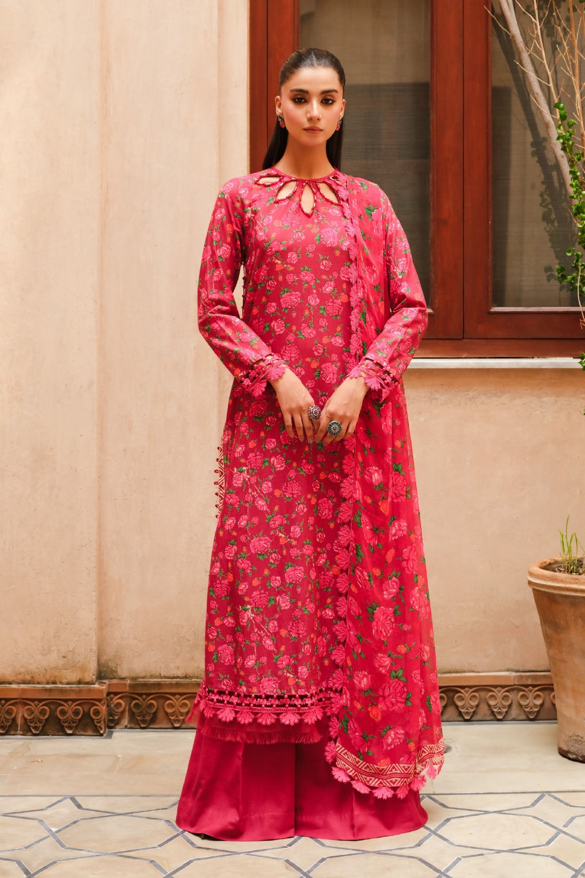 Printed Red Slub Khaddar 2-Piece Unstitched Suit by The Fabric Store