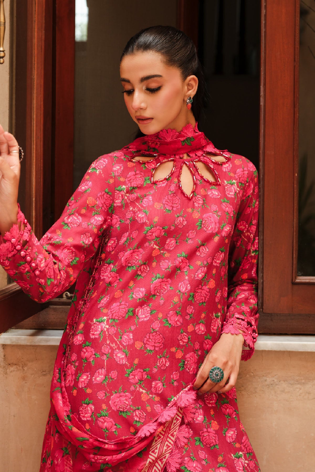 Printed Red Slub Khaddar 2-Piece Unstitched Suit by The Fabric Store, photo 2