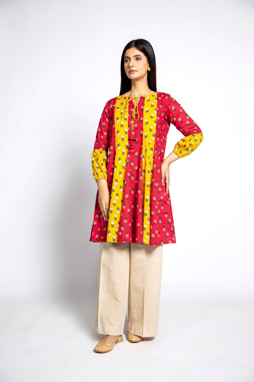 Printed Red Slub Khaddar Pret Shirt by The Fabric Store