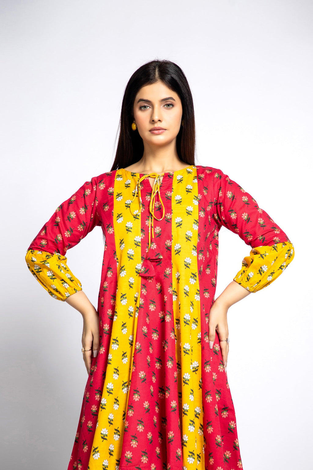 Printed Red Slub Khaddar Pret Shirt by The Fabric Store, photo 2