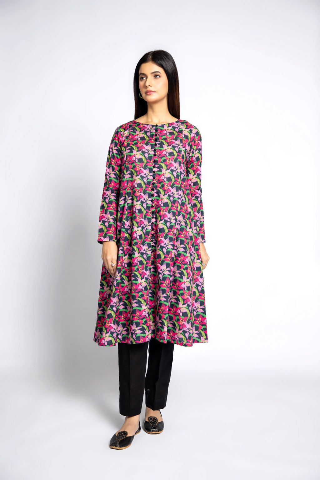 Printed Black Slub Khaddar Pret Shirt by The Fabric Store