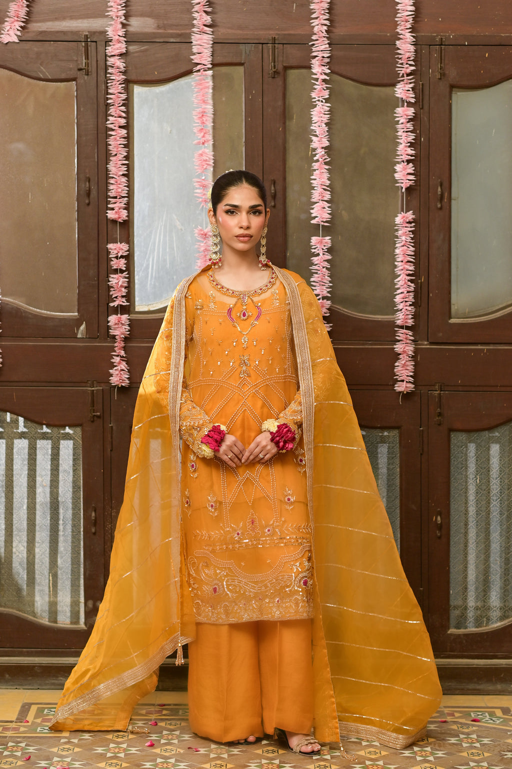 Mirza Mustard Fine Net 4-Piece Formal Suit by Kinza Khalid