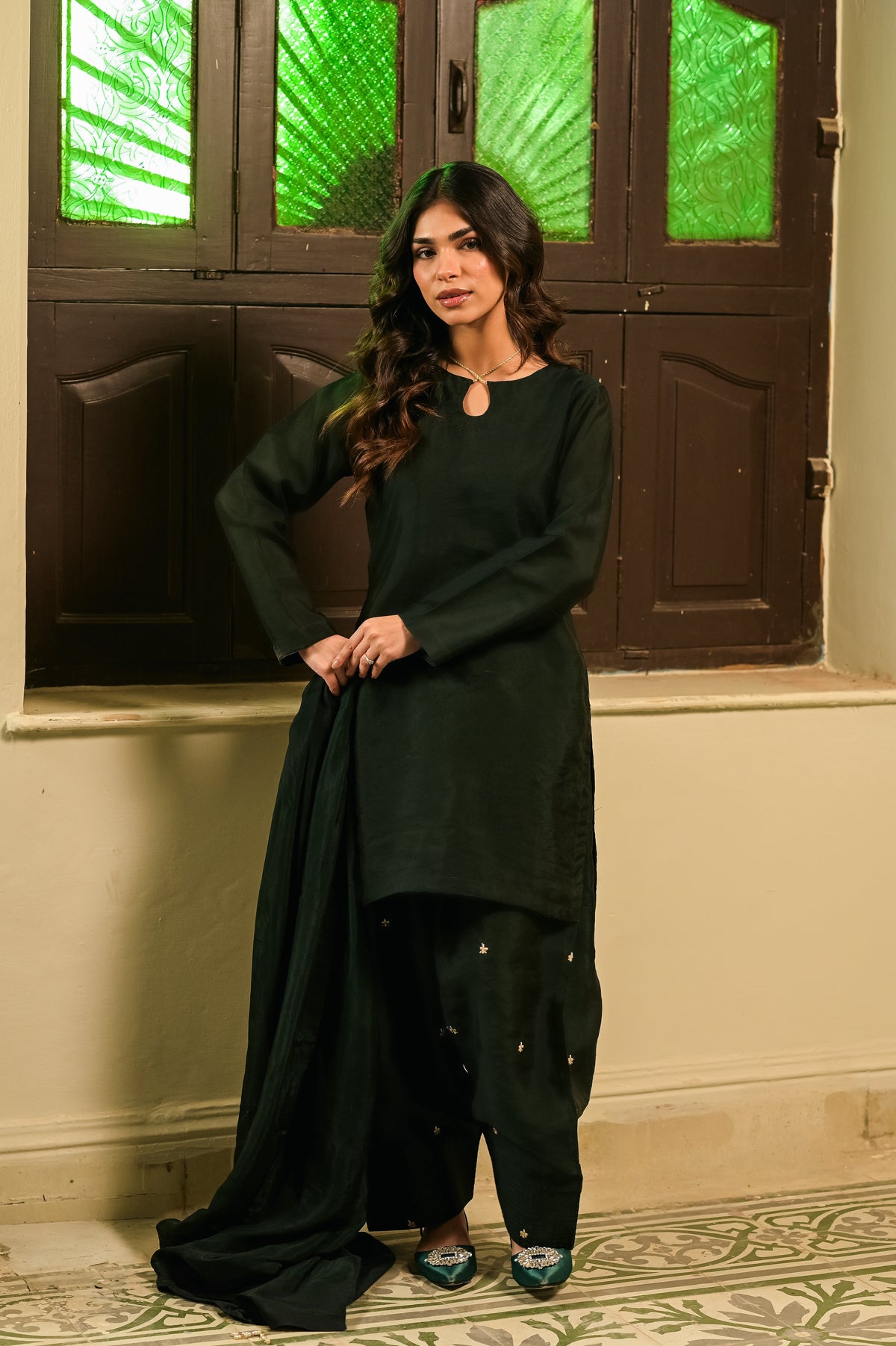 Aura Bottle Green Sheesha Silk 3-Piece Formal Suit by Kinza Khalid
