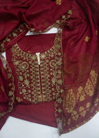 Embroidered Red Jacquard Cotton 3-Piece Stitched Suit by Bin Saeed