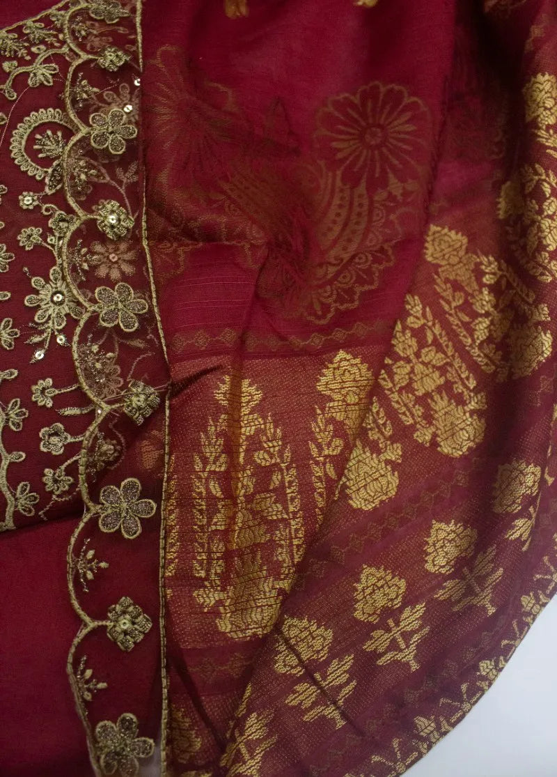 Embroidered Red Jacquard Cotton 3-Piece Stitched Suit by Bin Saeed, photo 3