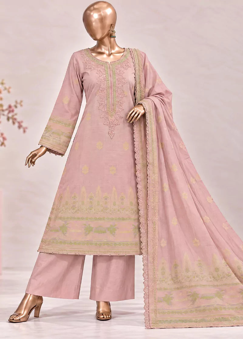 Embroidered Pastel Pink Jacquard Cotton 3-Piece Stitched Suit by Bin Saeed