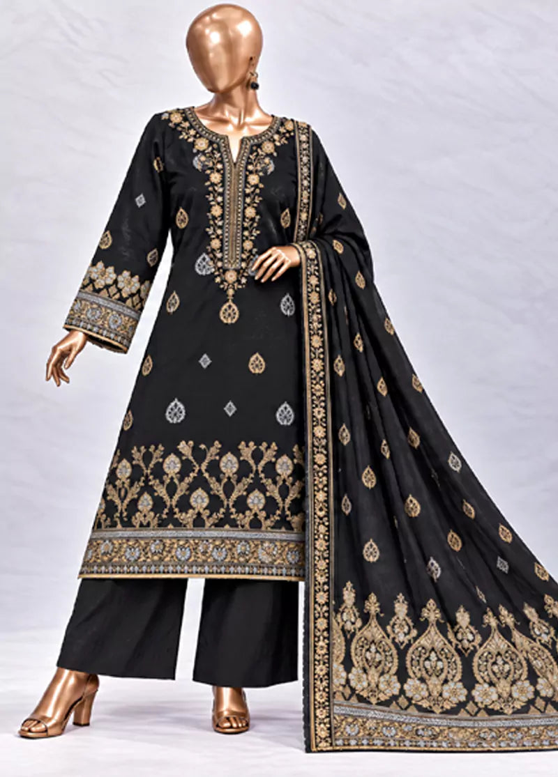 Embroidered Black Jacquard Cotton 3-Piece Stitched Suit by Bin Saeed