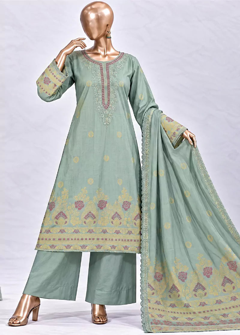 Embroidered Seafoam Green Jacquard Cotton 3-Piece Stitched Suit by Bin Saeed