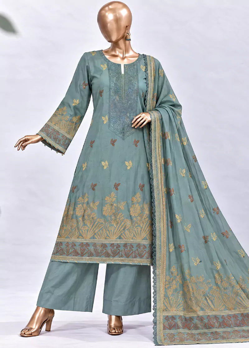 Embroidered Pastel Blue Jacquard Cotton 3-Piece Stitched Suit by Bin Saeed