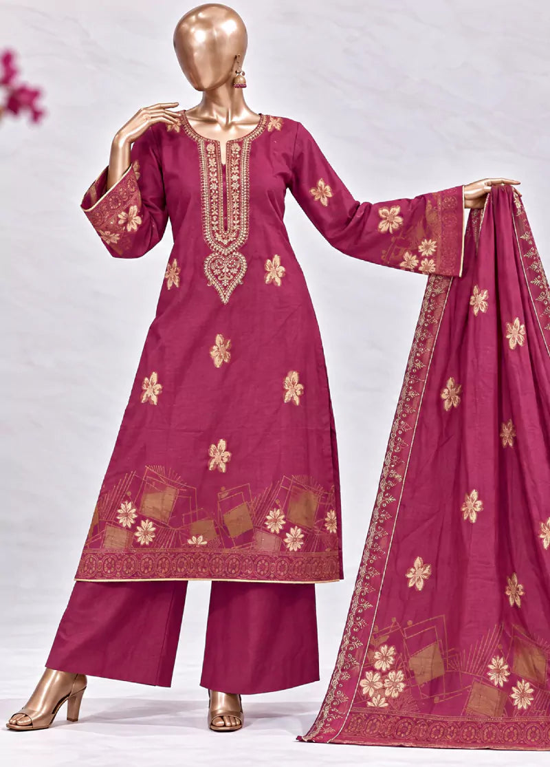 Embroidered Hot Pink Jacquard Cotton 3-Piece Stitched Suit by Bin Saeed
