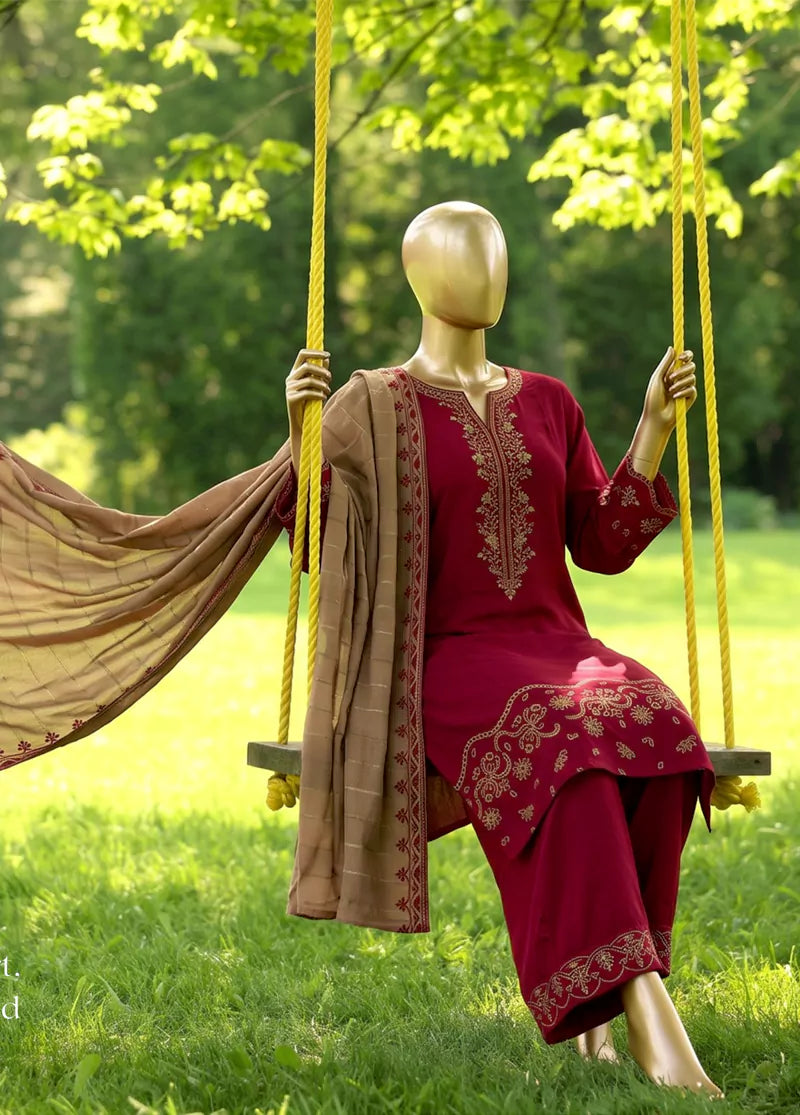 Maroon Marina 3-Piece Stitched Suit by Bin Saeed