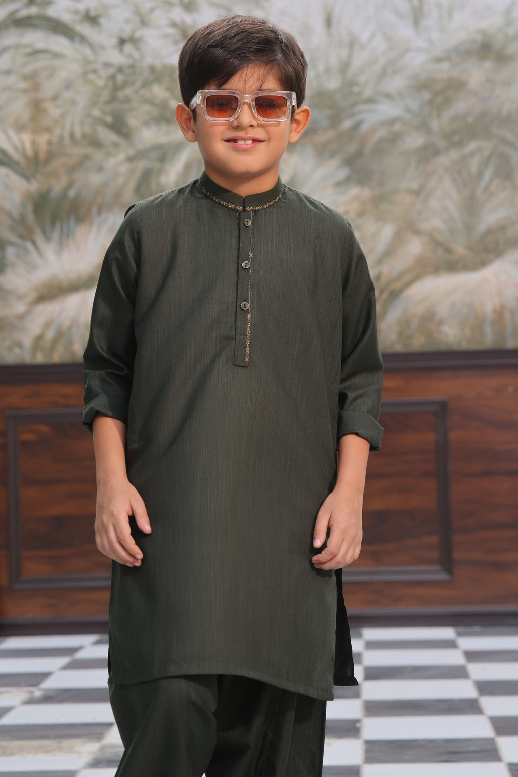 Green Self Kids Kurta Shalwar by Al Deebaj