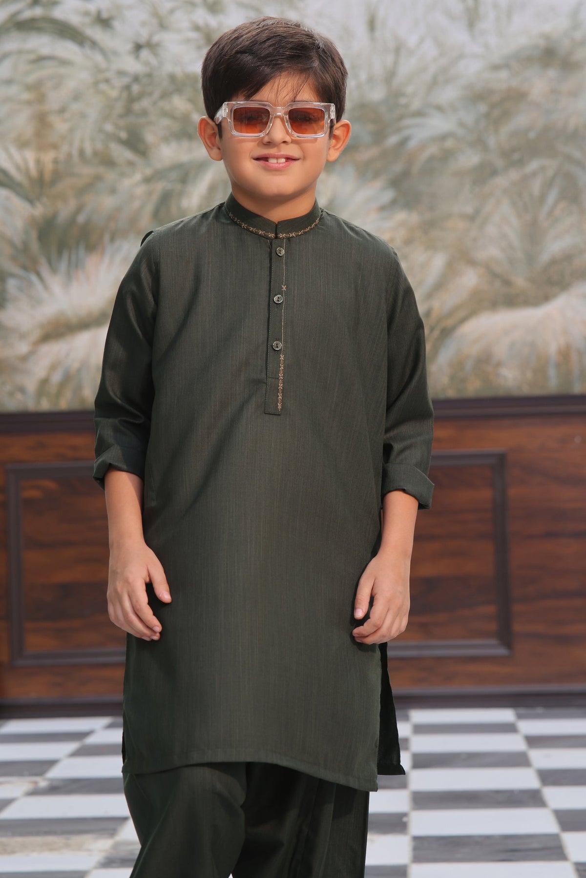 Green Self Kids Kurta Shalwar by Al Deebaj