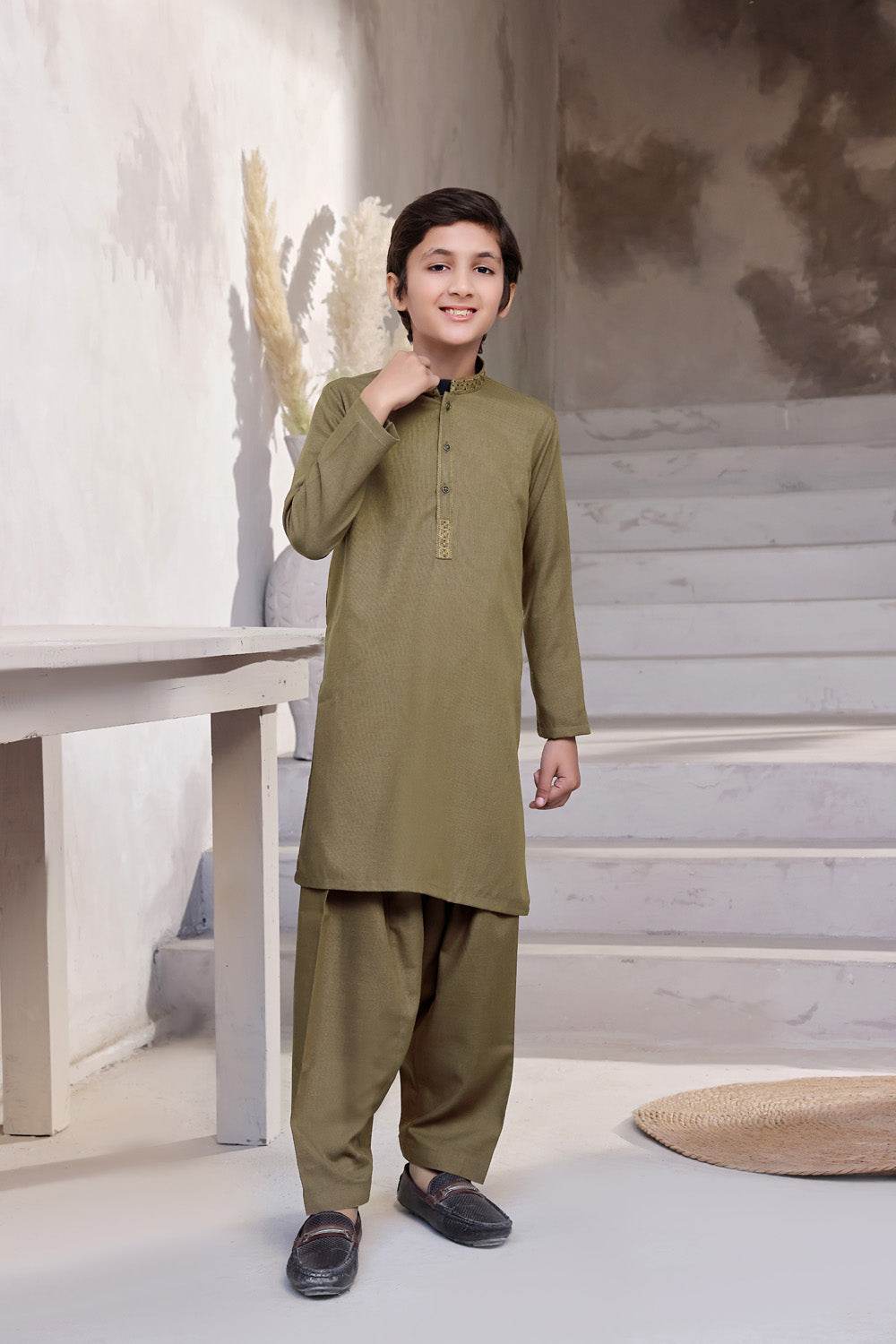 Camel Embroidered Kids Kurta Shalwar by Al Deebaj