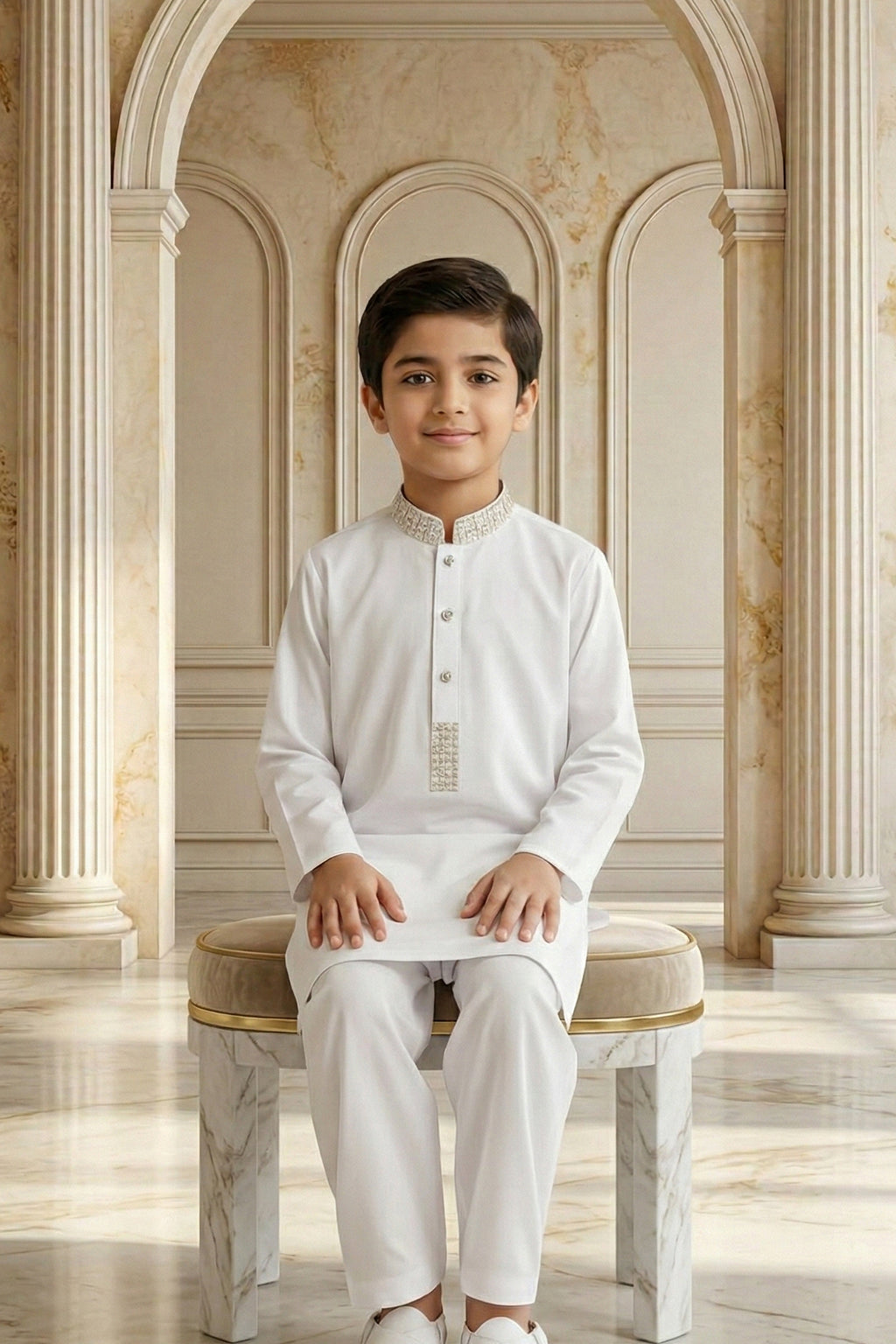Off White Embroidered Kids Kurta Shalwar by Al Deebaj, photo 4