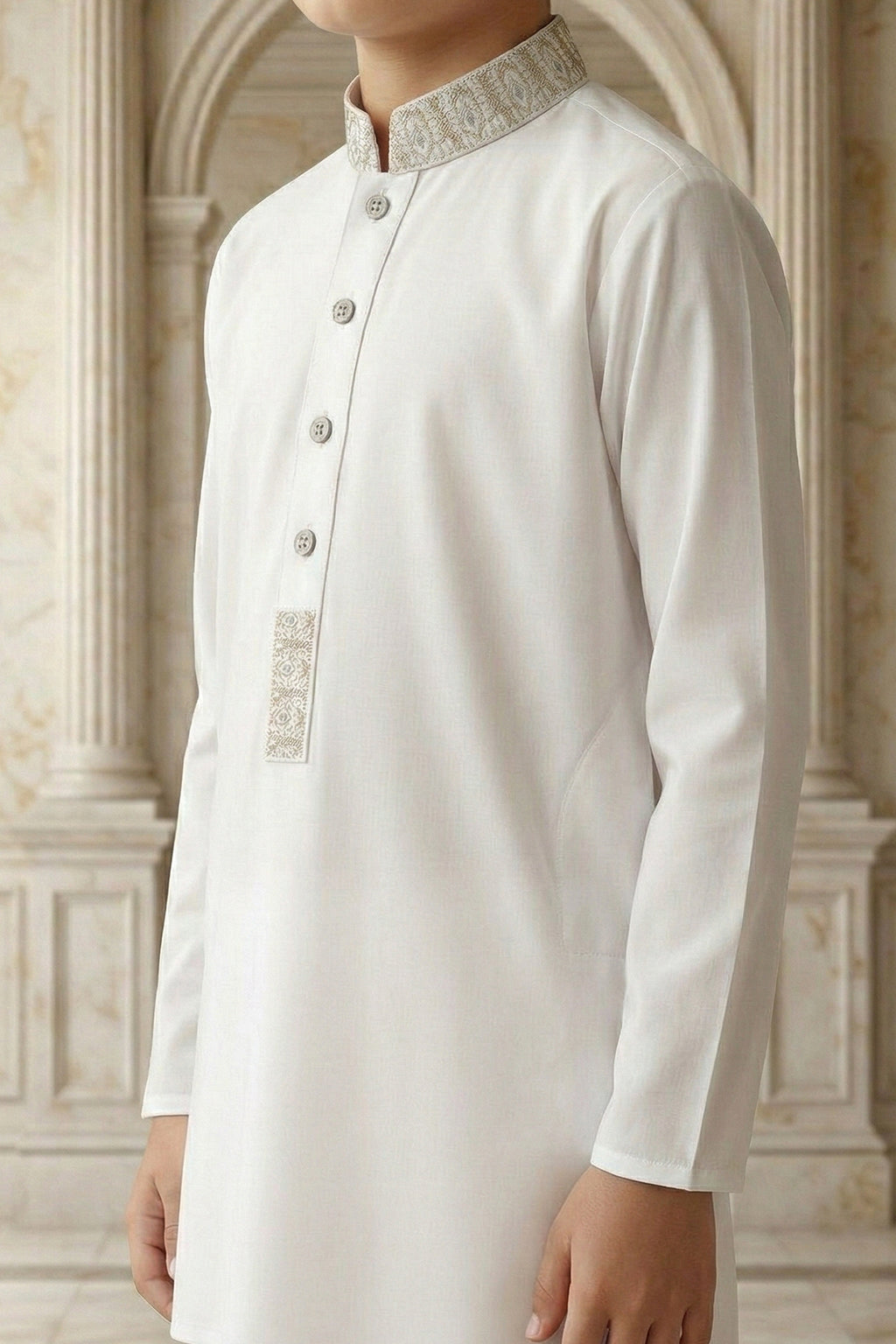 Off White Embroidered Kids Kurta Shalwar by Al Deebaj, photo 3