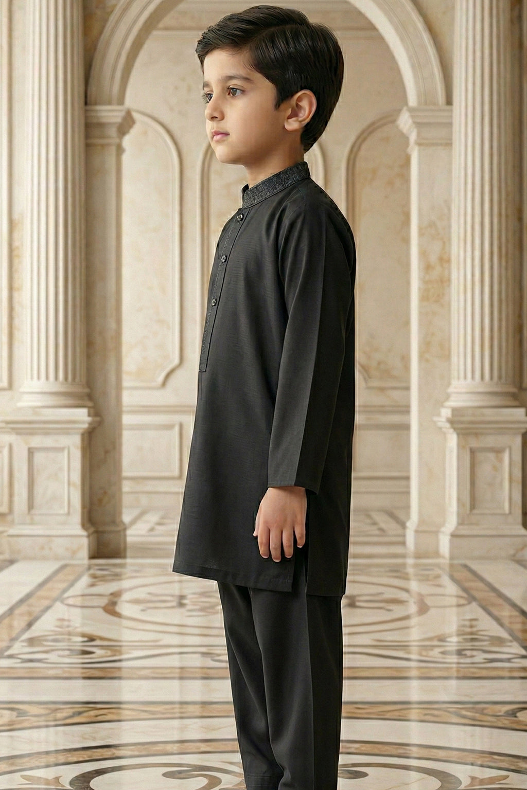 Black Embroidered Kids Kurta Shalwar by Al Deebaj, photo 3