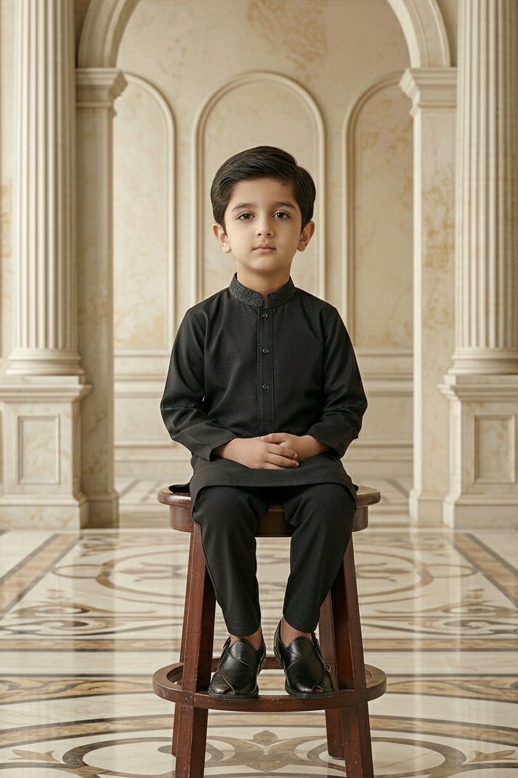 Black Embroidered Kids Kurta Shalwar by Al Deebaj, photo 4