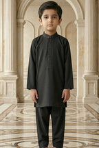 Black Embroidered Kids Kurta Shalwar by Al Deebaj
