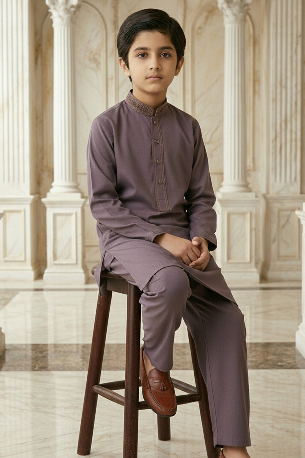 Maroon Embroidered Kids Kurta Shalwar by Al Deebaj, photo 4