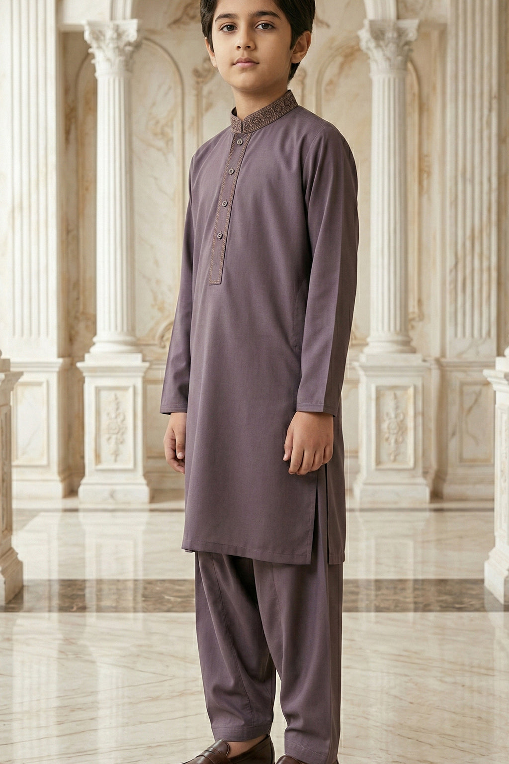 Maroon Embroidered Kids Kurta Shalwar by Al Deebaj, photo 3