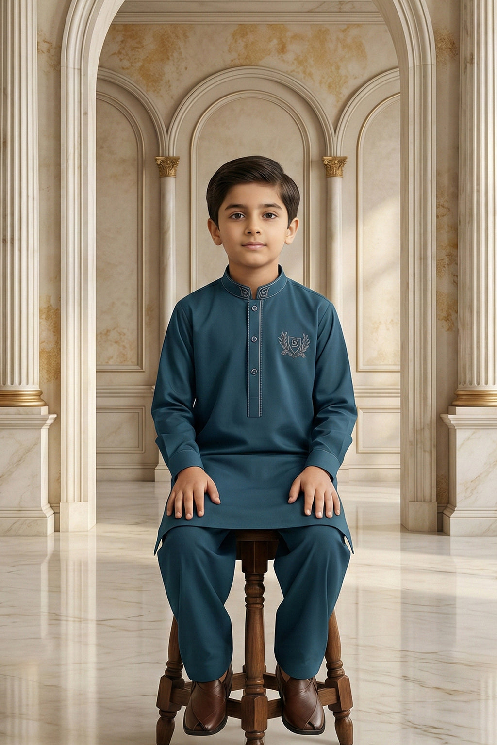 Greyish Blue Embroidered Kids Kurta by Al Deebaj, photo 4