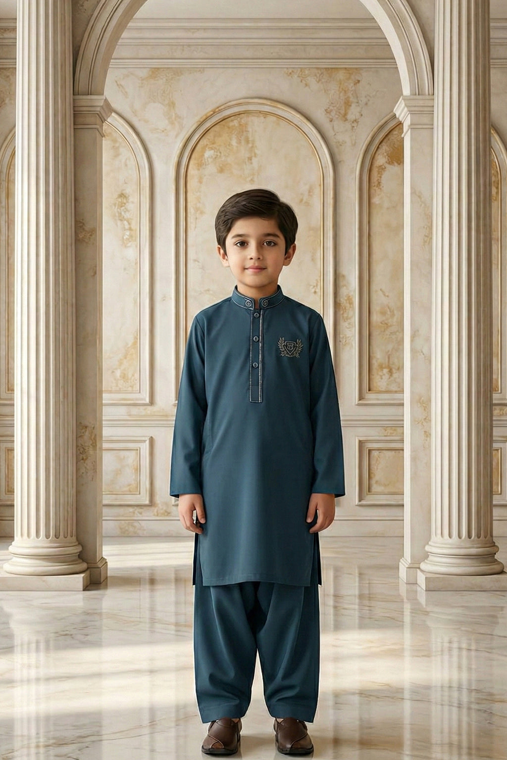 Greyish Blue Embroidered Kids Kurta by Al Deebaj