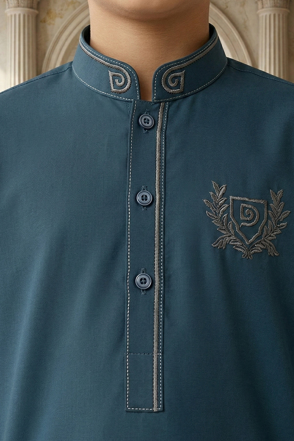 Greyish Blue Embroidered Kids Kurta by Al Deebaj, photo 2