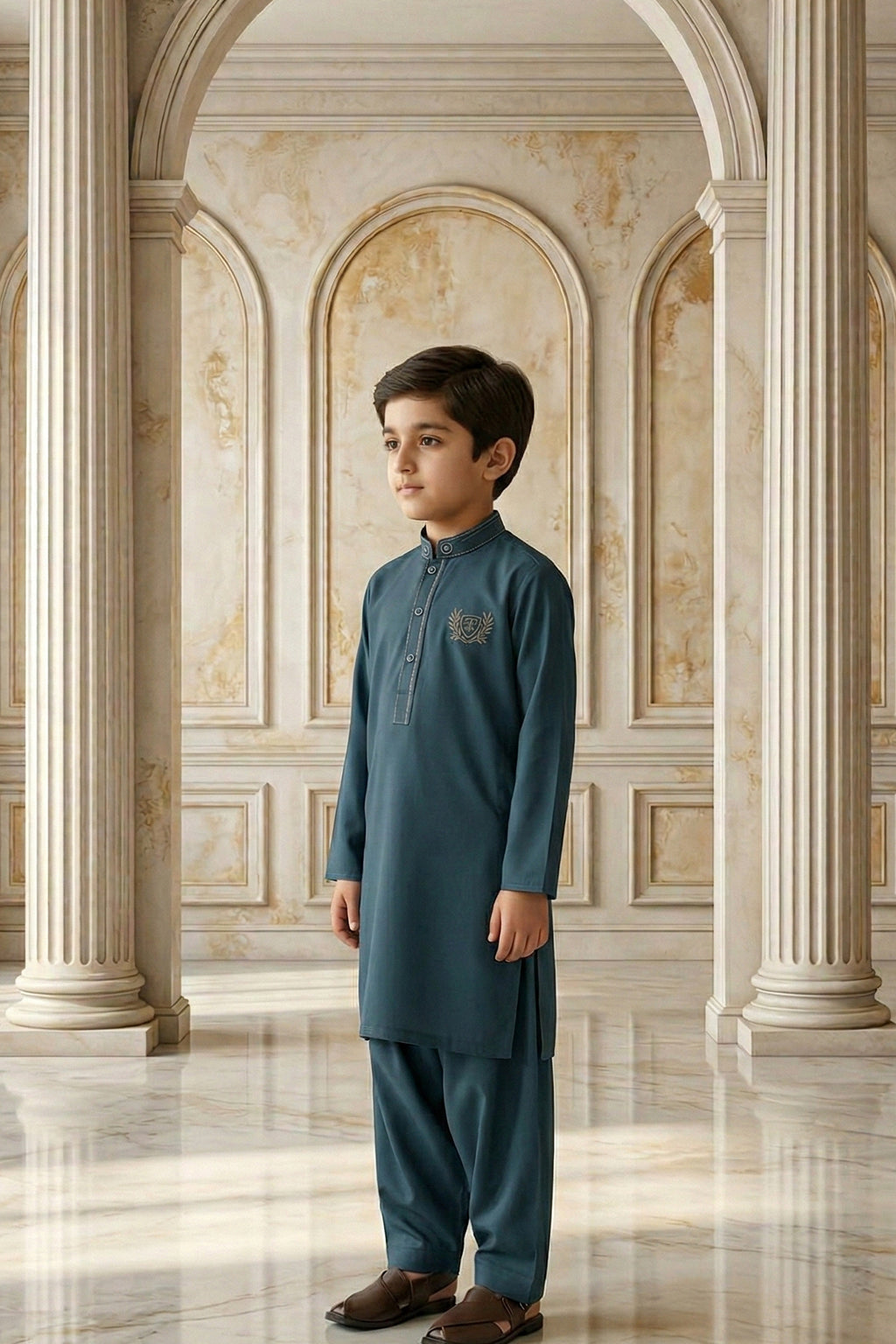 Greyish Blue Embroidered Kids Kurta by Al Deebaj, photo 3