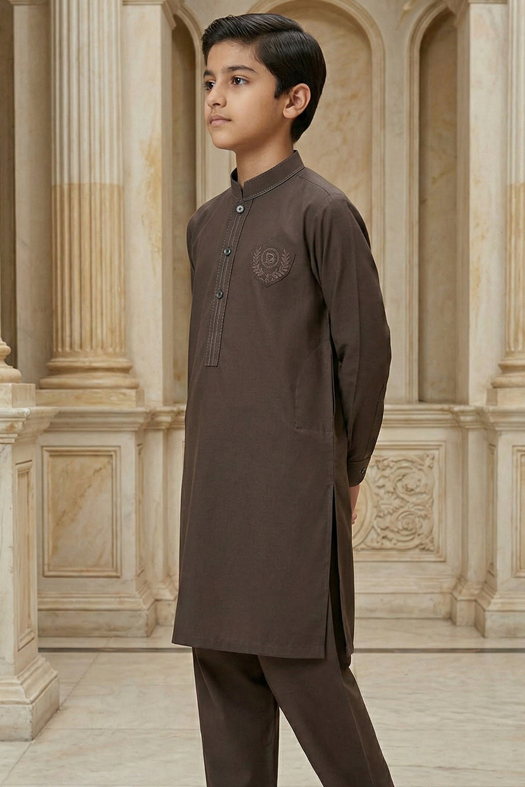 Brown Embroidered Kids Kurta Shalwar by Al Deebaj