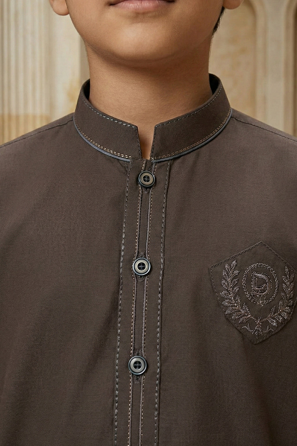 Brown Embroidered Kids Kurta Shalwar by Al Deebaj, photo 2