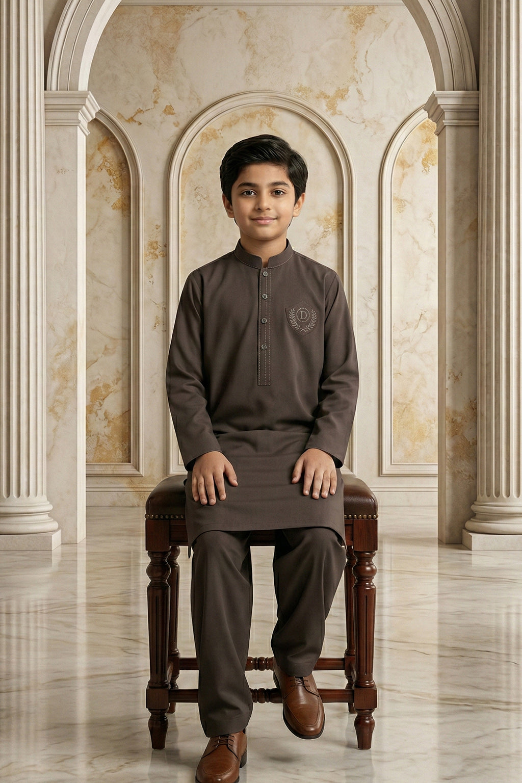 Brown Embroidered Kids Kurta Shalwar by Al Deebaj, photo 3