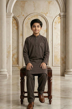 Brown Embroidered Kids Kurta Shalwar by Al Deebaj, photo 3